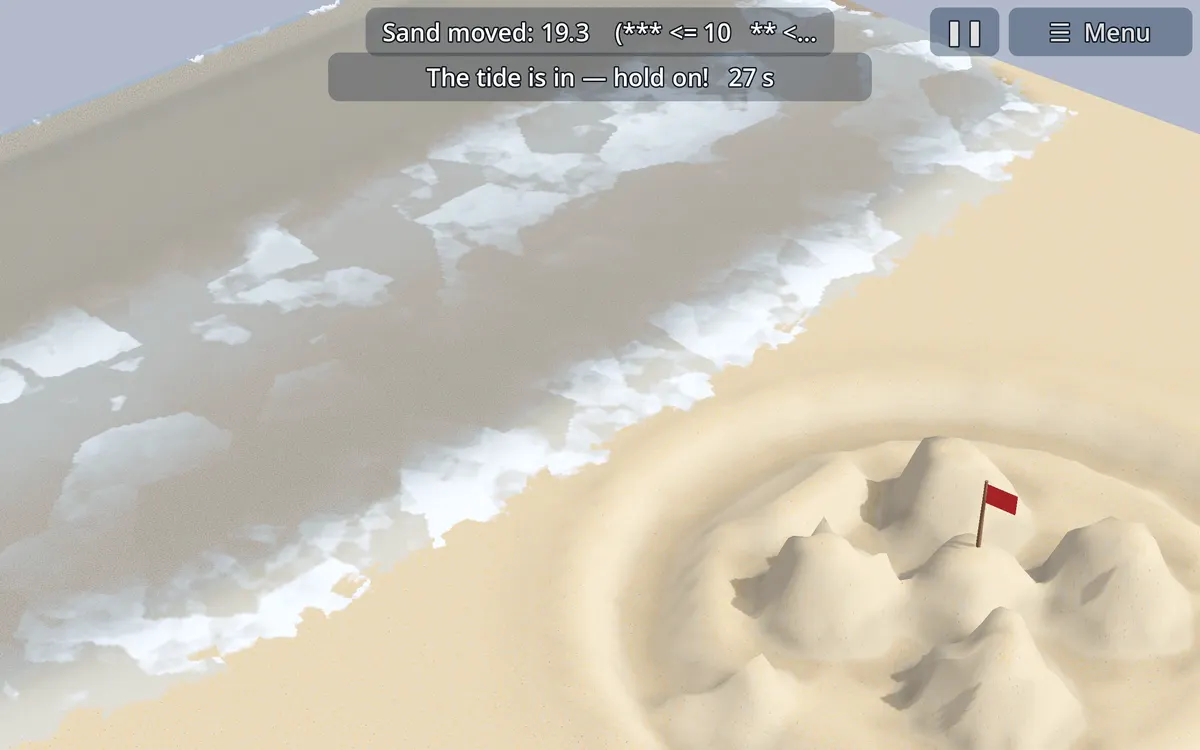 The tide rolling up the beach toward a sculpted mound with a red flag.