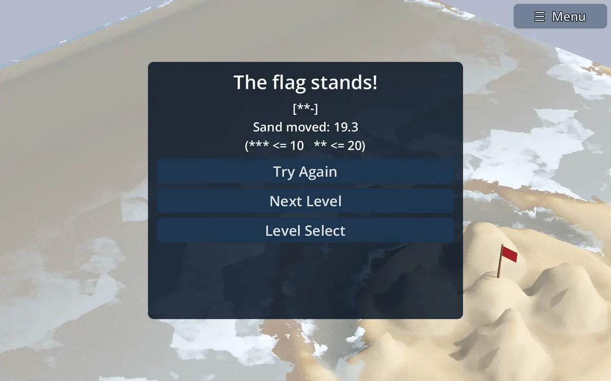 The results panel after a round: The flag stands! with two stars.