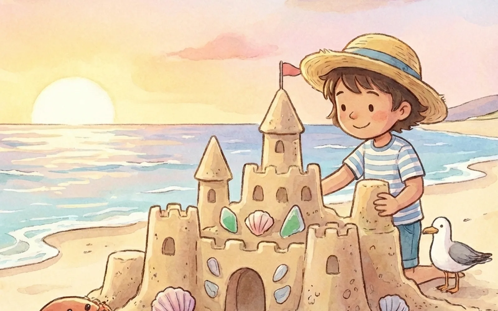 A child in a straw hat builds a sandcastle decorated with shells and sea glass at sunset, a seagull and a crab looking on.