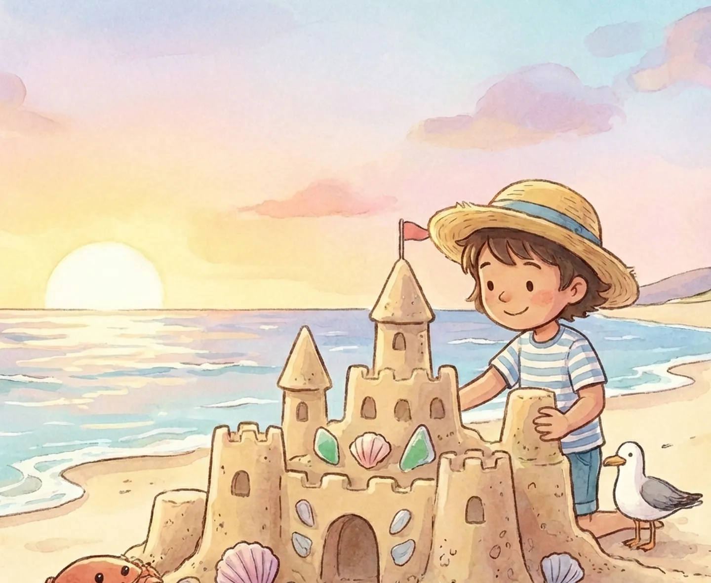 A child in a straw hat builds a sandcastle decorated with shells and sea glass at sunset, a seagull and a crab looking on.