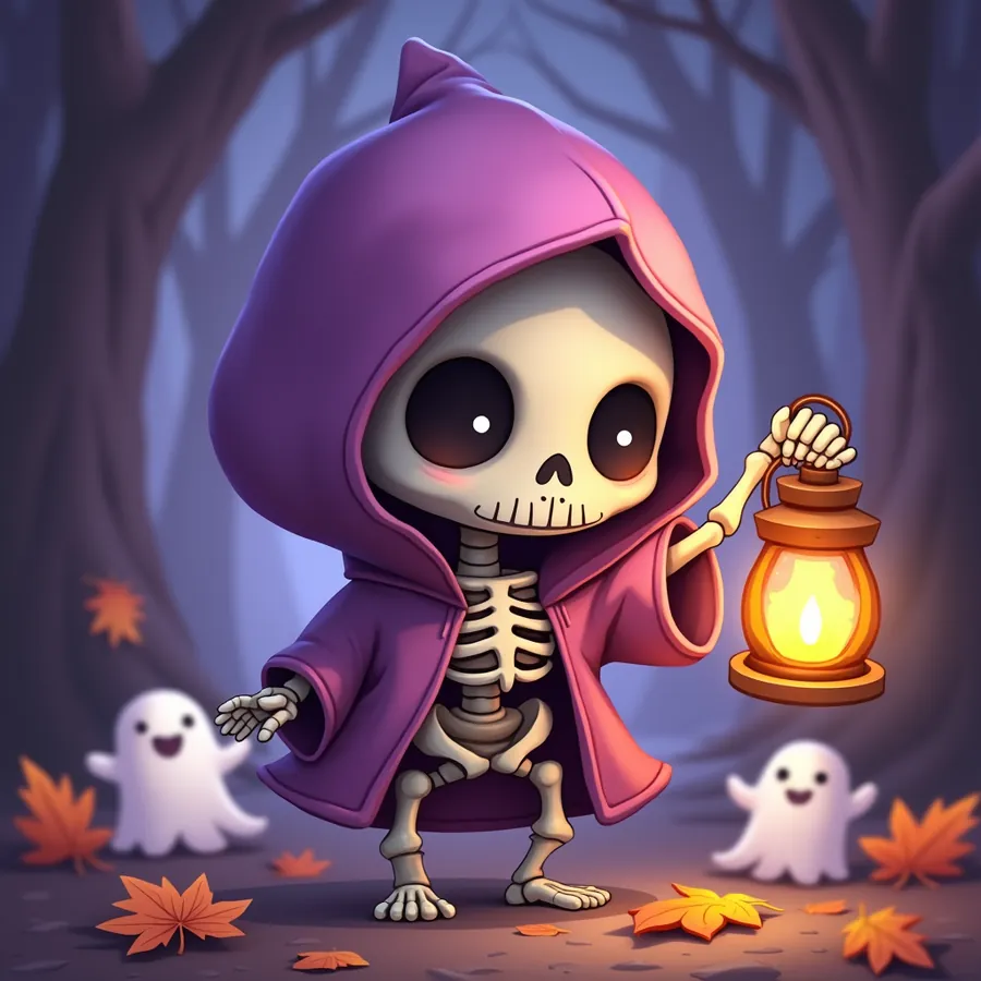 Key art: a small skeleton in a plum-coloured hooded robe holds up a lit lantern in a twilight forest, with two round friendly ghosts drifting beside it and autumn leaves on the ground.