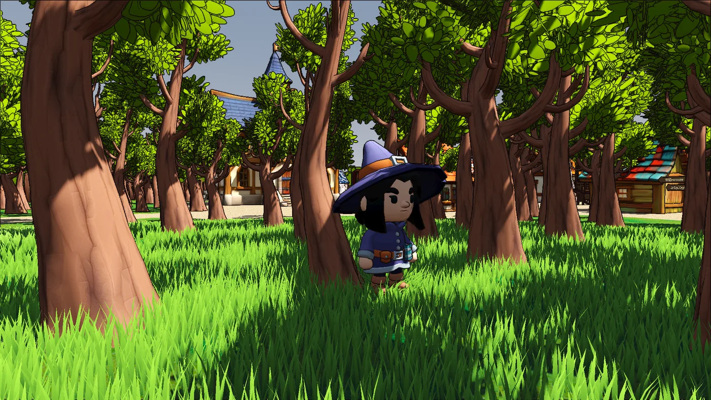 In-game: the necromancer, in her wide purple hat, stands in deep sunlit grass among the trees of the wood, the village’s roofs showing between the trunks.