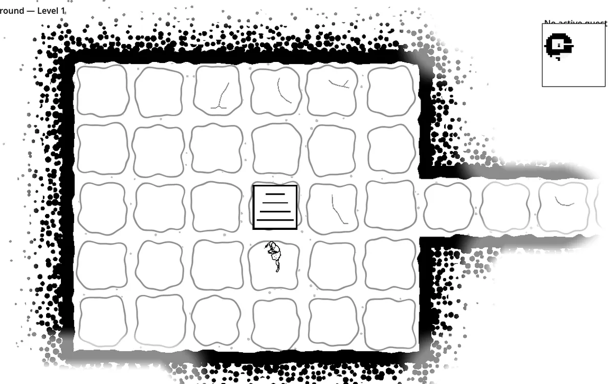 In-game: a flagstone dungeon room edged in dense black stipple, with a stair and a passage leading east.