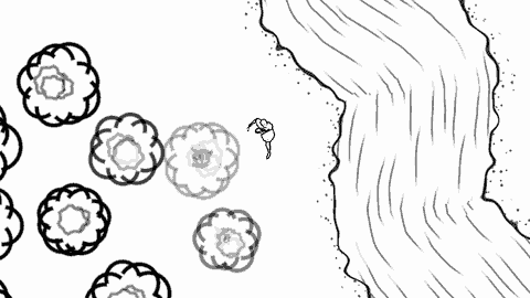 In-game, animated: the wanderer walks south along a river bank drawn in flowing ink lines, through a wood whose canopies fade to near-transparent as he passes beneath them.