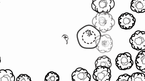 In-game, animated: a goblin closes on the wanderer in a clearing; the ring around it flushes red as the beat lands, the wanderer strikes twice on the mark, blood is flung across the paper in a cone, and the goblin falls and greys where it lies.