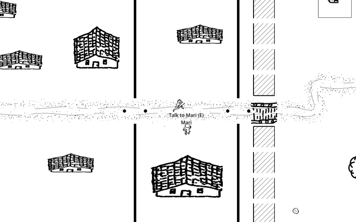 In-game: a walled village seen from above, drawn in black ink — timbered houses, a dirt road through the gate, and a villager named Mari with the prompt Talk to Mari.