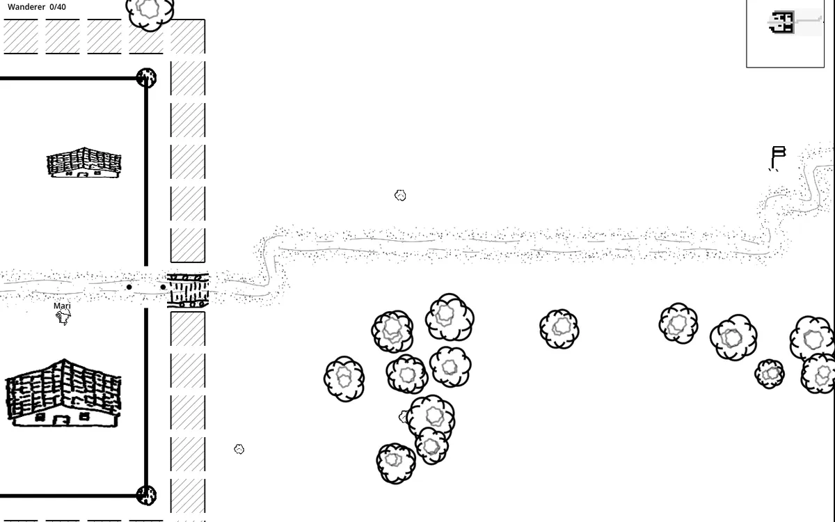 In-game: the village gate opening onto a winding road through clumps of ink-drawn trees on the Bleak Heath.
