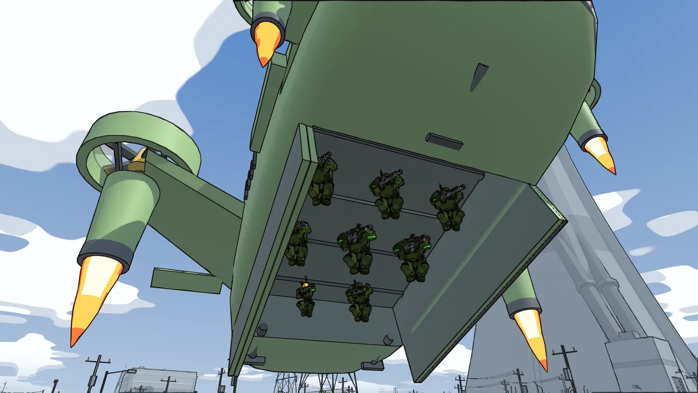 In-game: looking up at a dropship as it flares overhead, ducted fans tilted and jets lit, its belly doors open on the squad’s mechs racked inside.