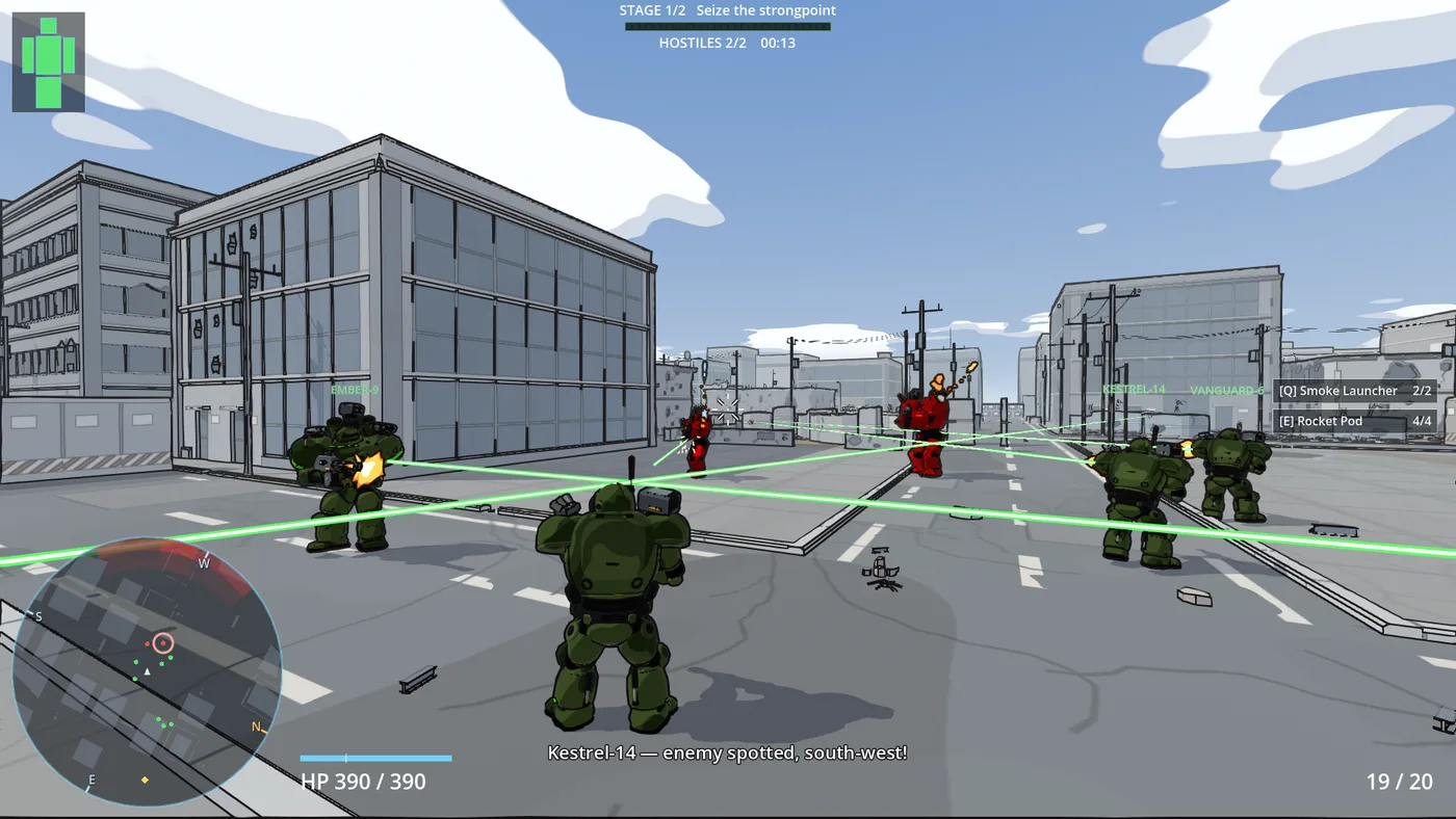 In-game, over the pilot’s shoulder with the full HUD: the squad spread across an intersection between grey office blocks, wingmates firing down the street at two red enemy mechs by a barricade, green tracers going out and a red one coming back, a radio subtitle reading “Vanguard — enemy spotted, east!”