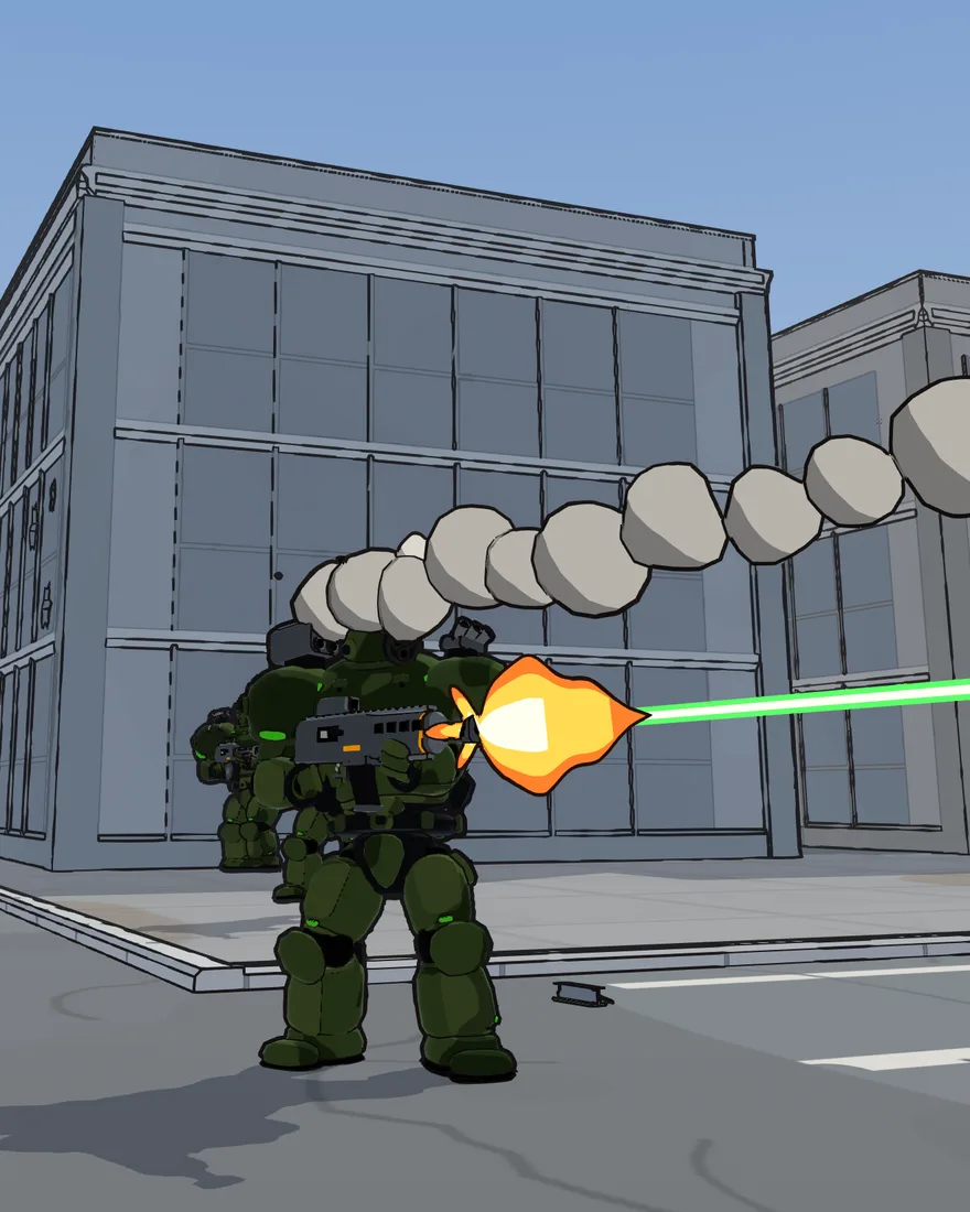 In-game: a green mech stands in a city street firing its autocannon in a burst of orange flame and a green tracer, while a rocket from its shoulder pod arcs away over the grey office blocks behind it on a trail of cartoon smoke.