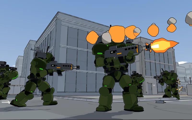 In-game: a green mech fires its autocannon and a rocket salvo in a city street, squadmates beside it.