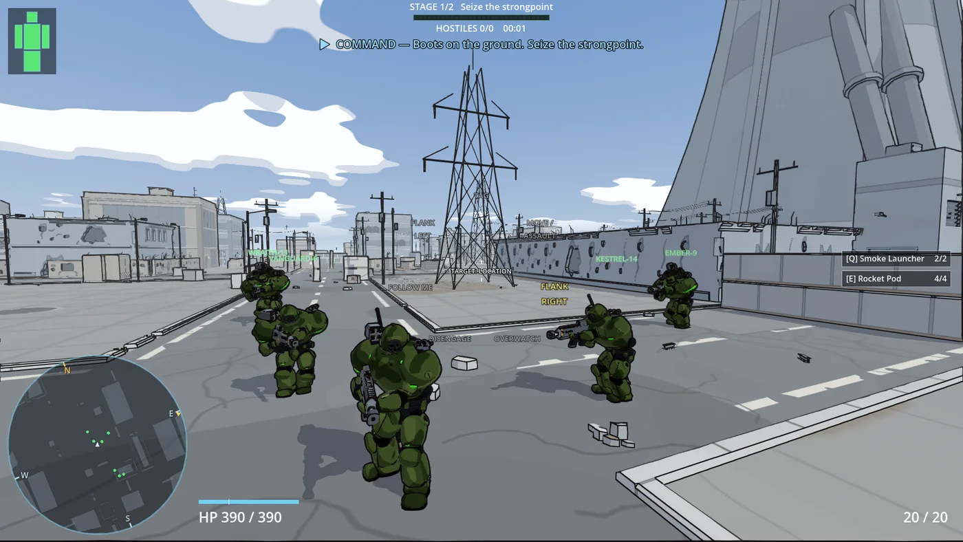 In-game: the comms radial open around the crosshair with its seven orders — Tag, Move/Assault, Flank Right highlighted in yellow, Overwatch, Disengage, Follow Me, Flank Left — and the squad standing either side of the pilot in the street.