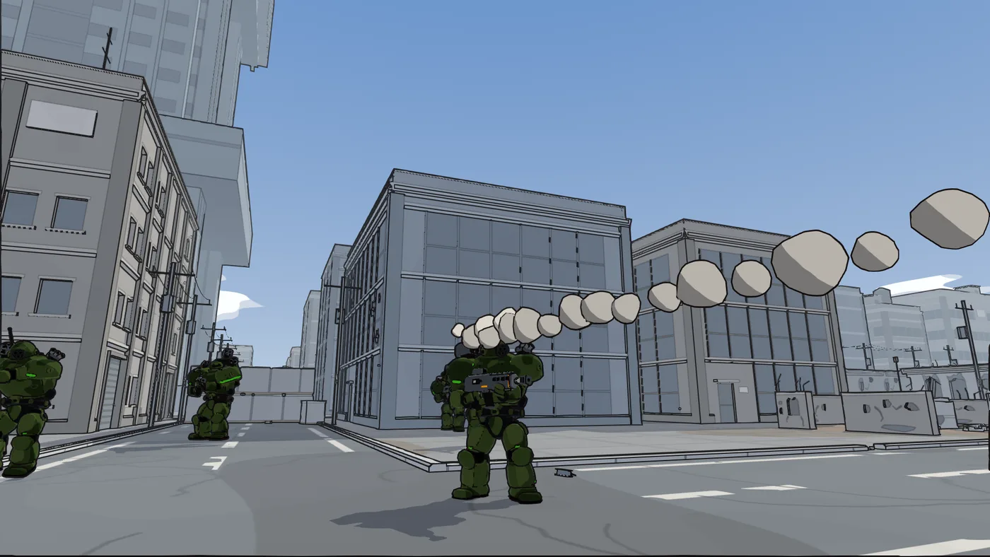 In-game: a mech faces the camera in a city street, a wingmate at its shoulder, a rocket arcing up and away from its shoulder pod on a smoke trail.
