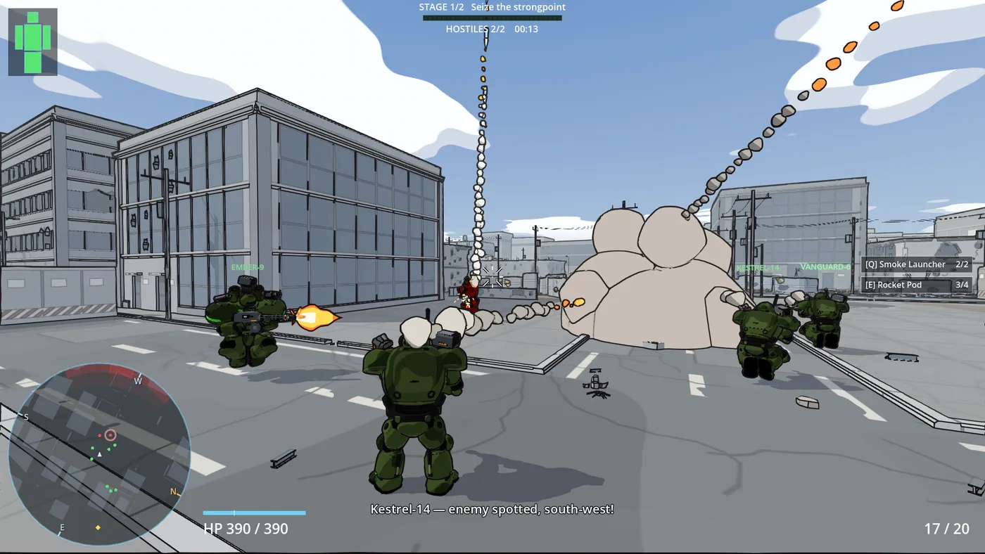 In-game: a smoke cloud has burst across the street where an enemy mech stood; the pilot’s rocket hits the other enemy in a shower of sparks while the squad fires on either side.