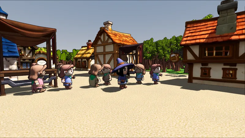 Screenshot: The market square, the villagers going about their day