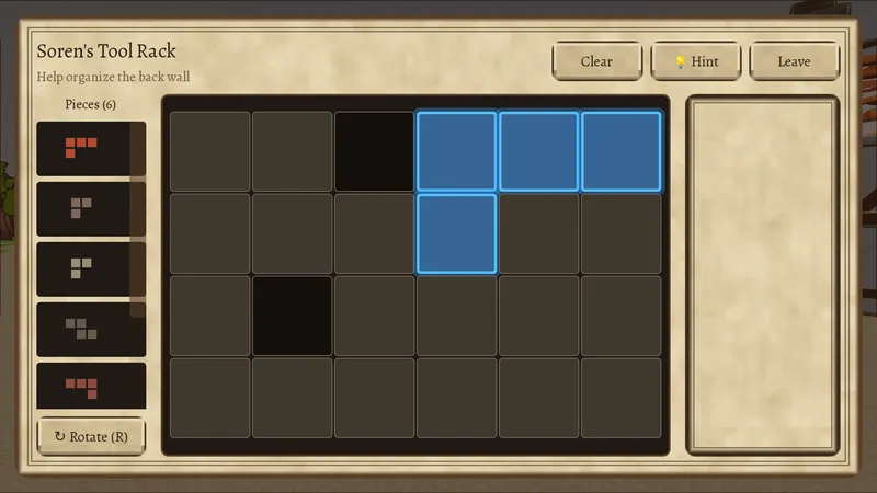Screenshot: An optional packing puzzle, Soren's tool rack, with a hint showing