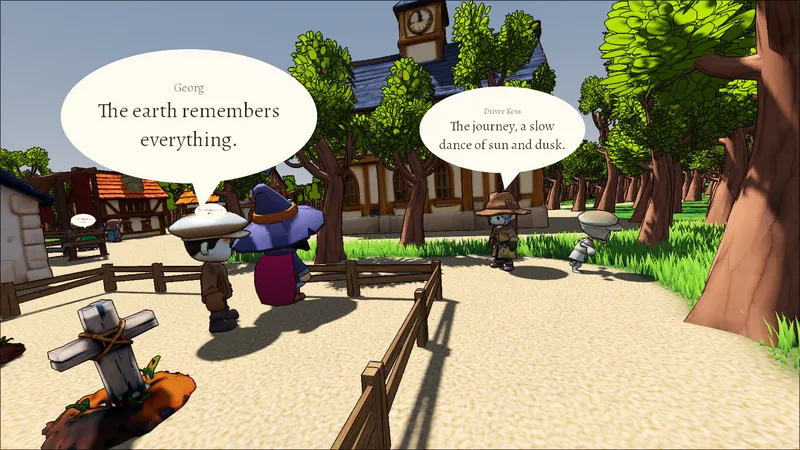 Screenshot: Georg and Driver Kess at the graveyard gate. Her line is the on-device model's; his is written