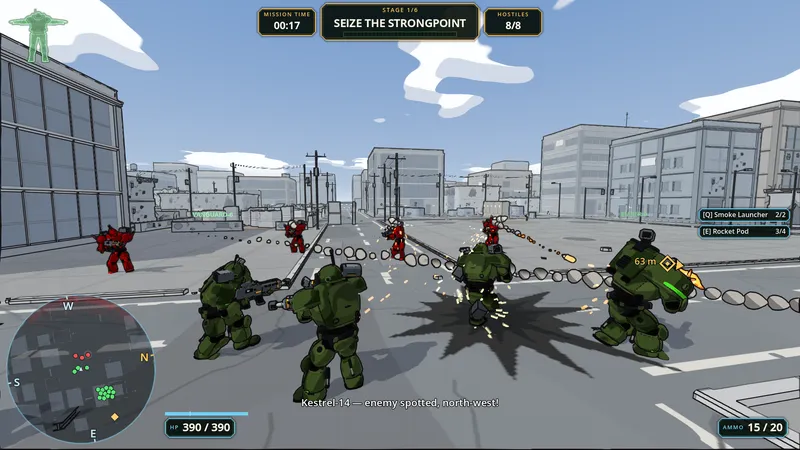 Screenshot: First contact: the squad trades fire with four enemy mechs across a street