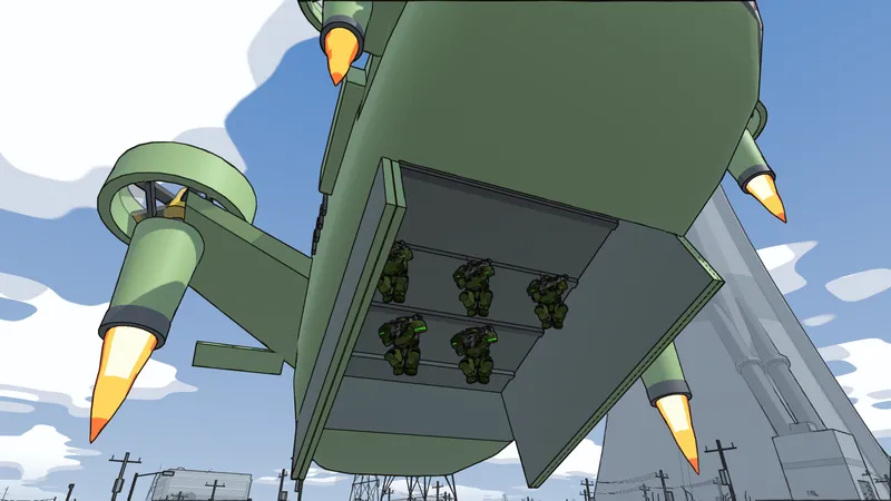 Screenshot: A dropship flares overhead, the squad racked in its bay