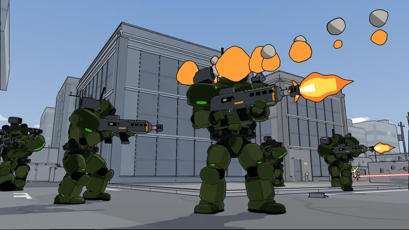 Screenshot: Autocannon and rocket pod, from low in the street