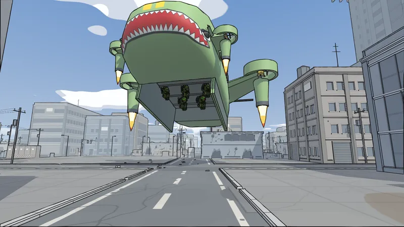 Screenshot: A dropship comes in low over an intersection