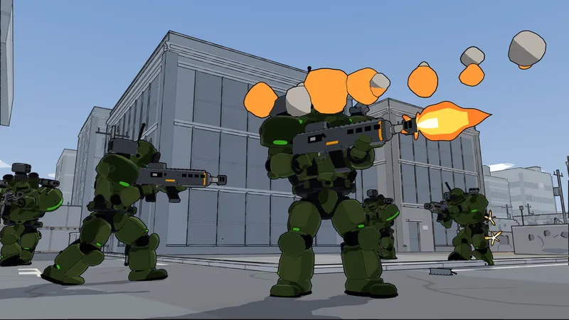 4K still, no HUD: The key-art frame: autocannon and rocket pod, the squad beside