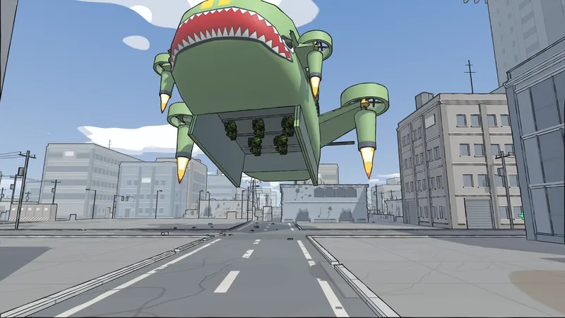 4K still, no HUD: The dropship over the intersection, from the street