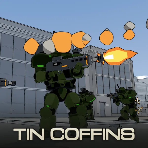 Key art: the player's green mech fires its autocannon in a burst of orange flame as a rocket salvo leaves its shoulder pod, squadmates firing beside it, with the Tin Coffins logotype along the bottom.